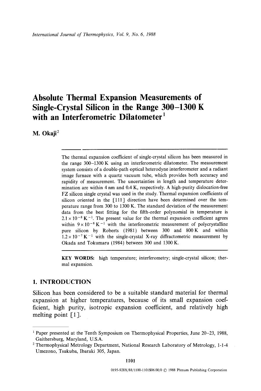 Absolute thermal expansion measurements of single-crystal silicon in the range 300–1300 K with an interferometric dilatometer by Unknown
