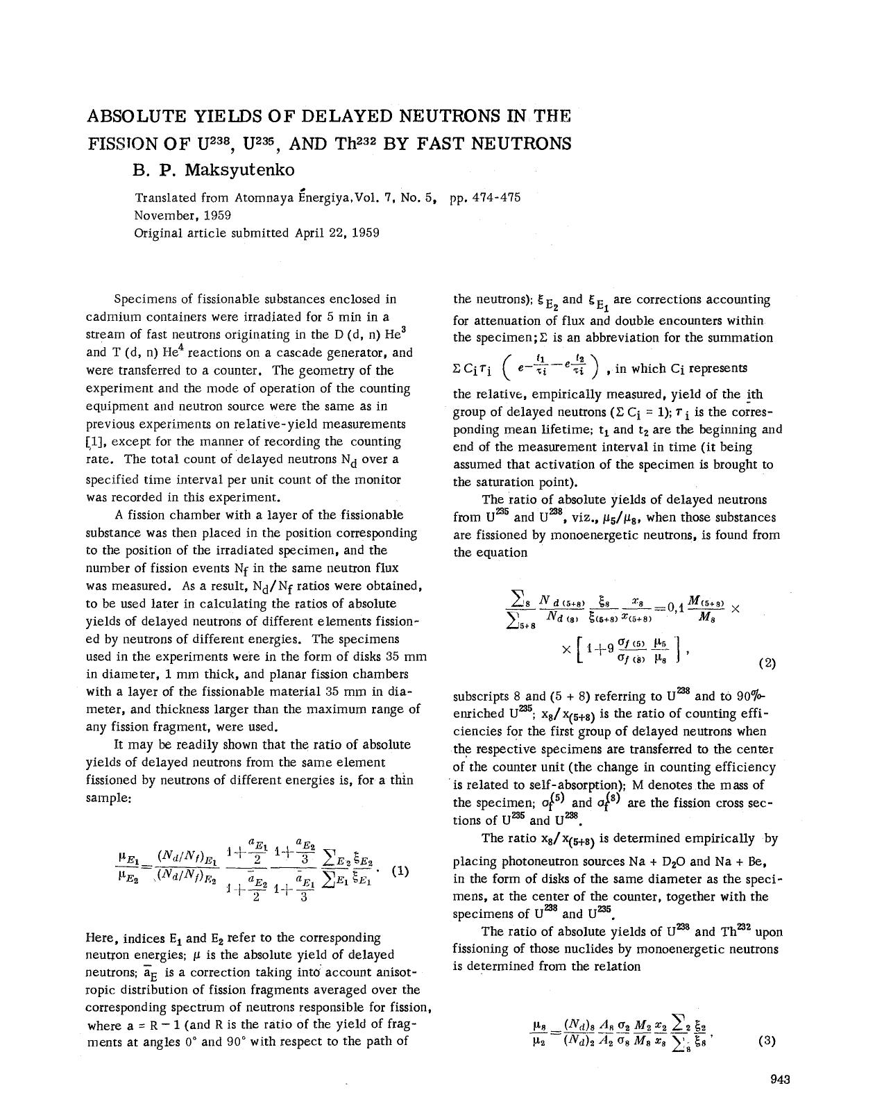 Absolute yields of delayed neutrons in the fission of U <Superscript>238 <Superscript>, U <Superscript>235 <Superscript>, and Th <Superscript>232 <Superscript> by fast neutrons by Unknown