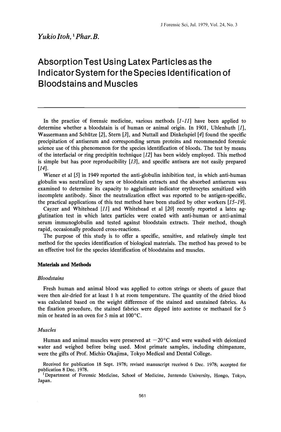 Absorption Test Using Latex Particles as the Indicator System for the Species Identification of Bloodstains and Muscles by Itoh Y