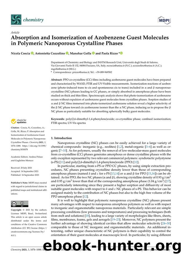 Absorption and Isomerization of Azobenzene Guest Molecules in Polymeric Nanoporous Crystalline Phases by Nicola Coscia Antonietta Cozzolino Manohar Golla & Paola Rizzo