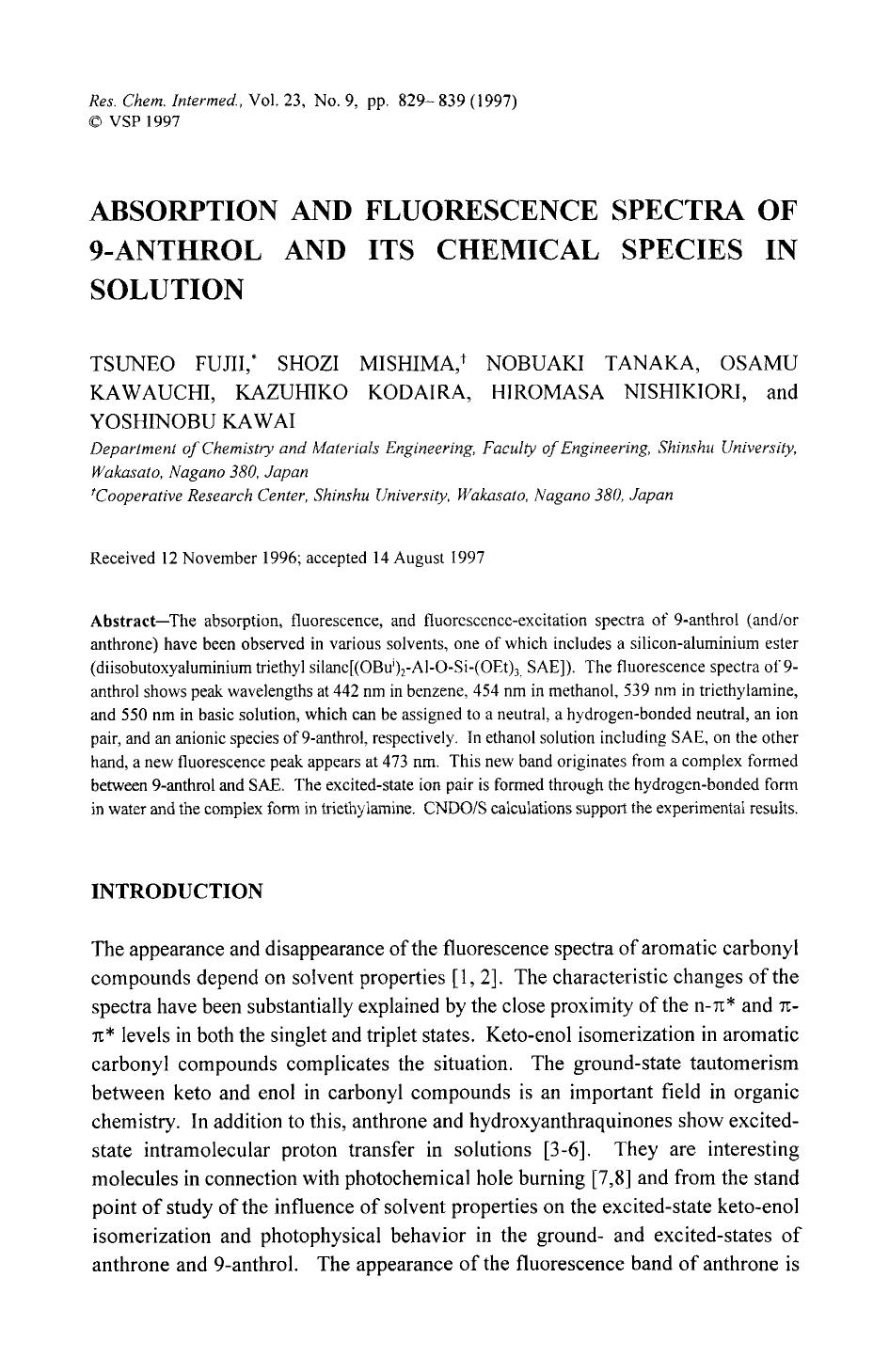 Absorption and fluorescence spectra of 9-anthrol and its chemical species in solution by Unknown