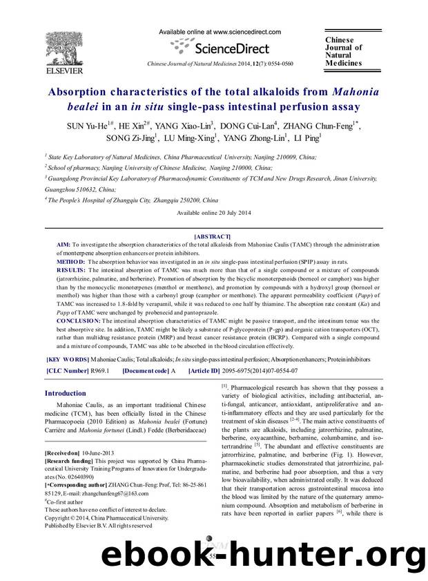 Absorption characteristics of the total alkaloids from Mahonia bealei in an in situ single-pass intestinal perfusion assay by unknow