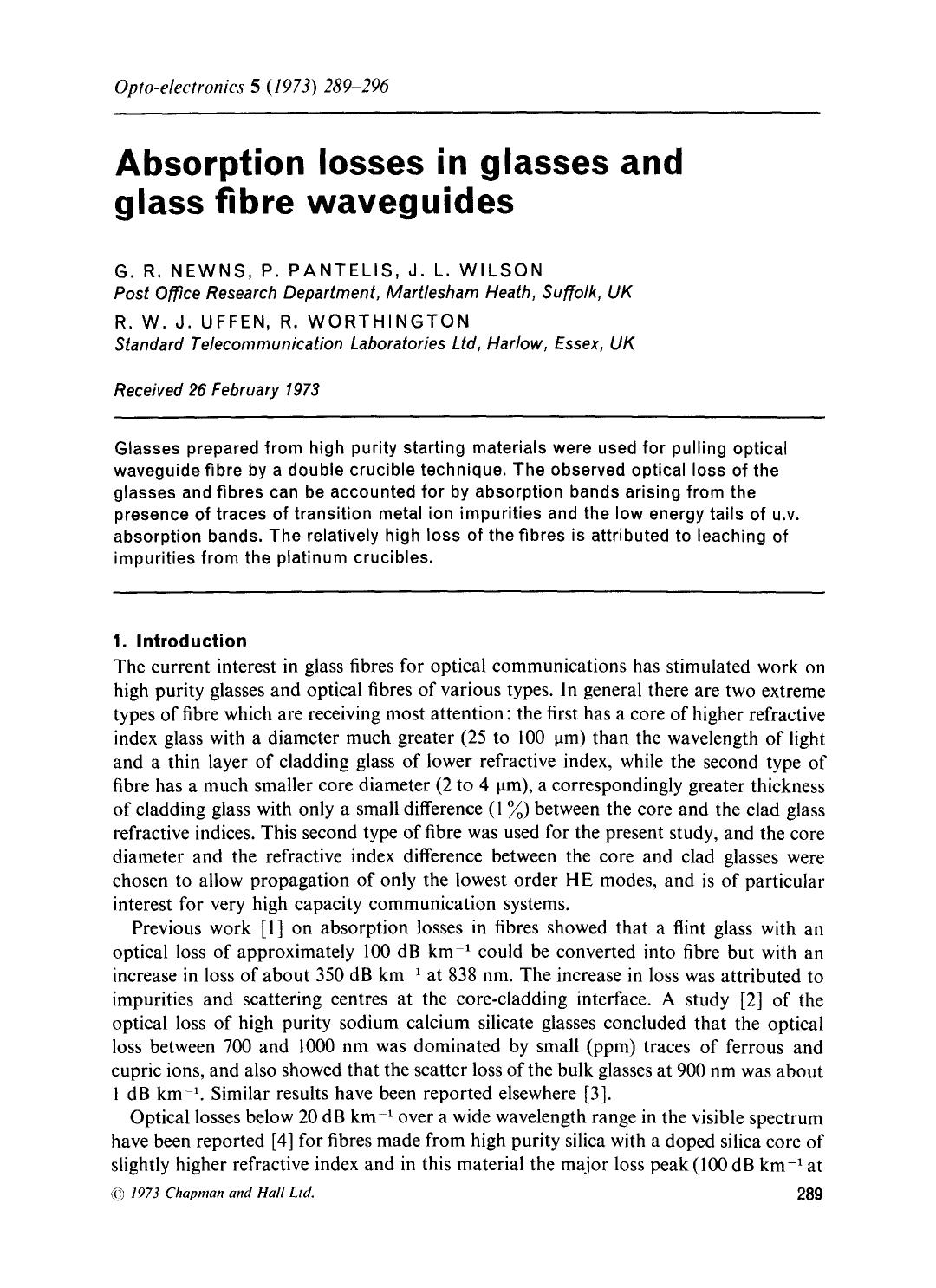 Absorption losses in glasses and glass fibre waveguides by Unknown