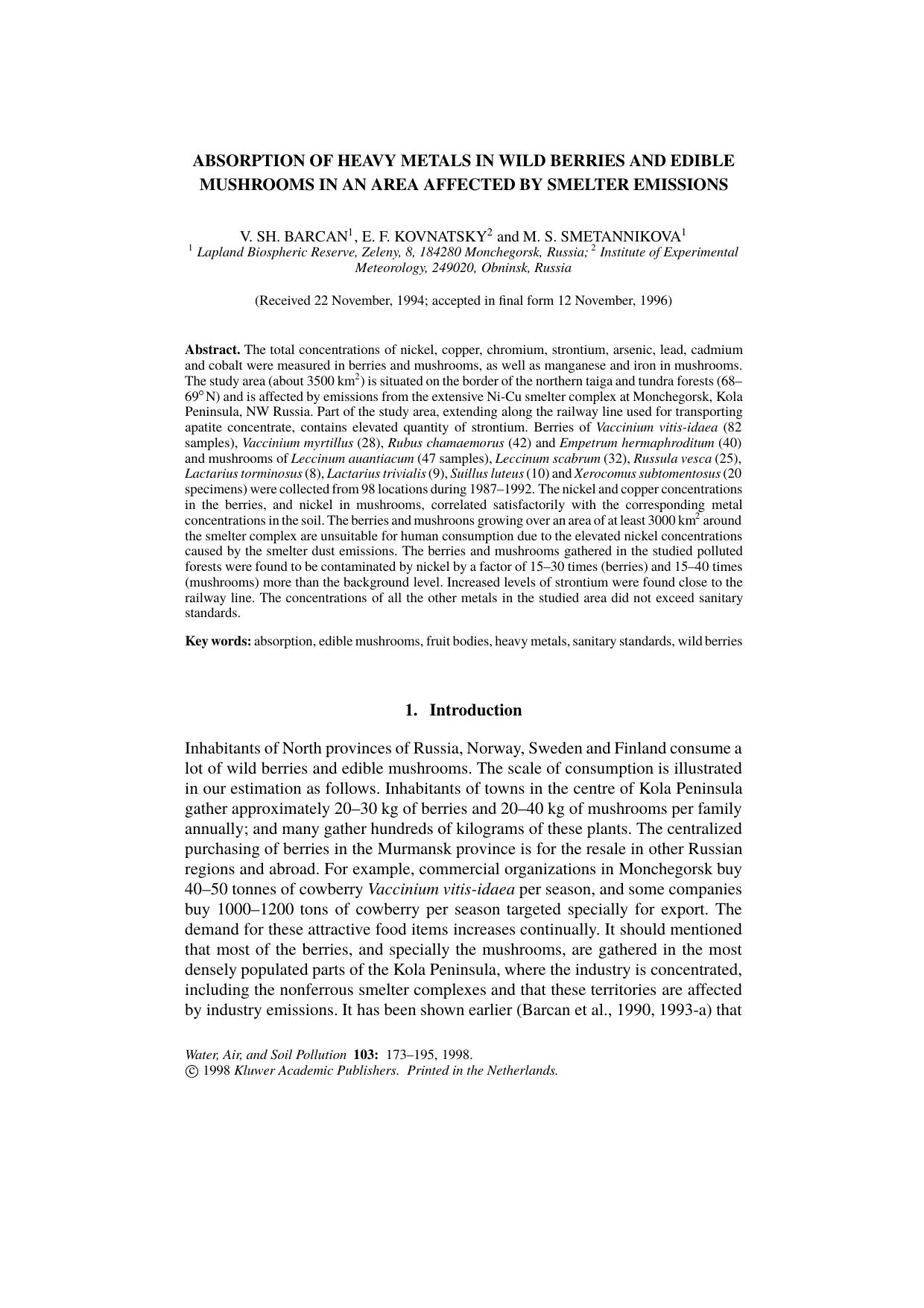 Absorption of Heavy Metals in Wild Berries and Edible Mushrooms in an Area Affected by Smelter Emissions by Unknown