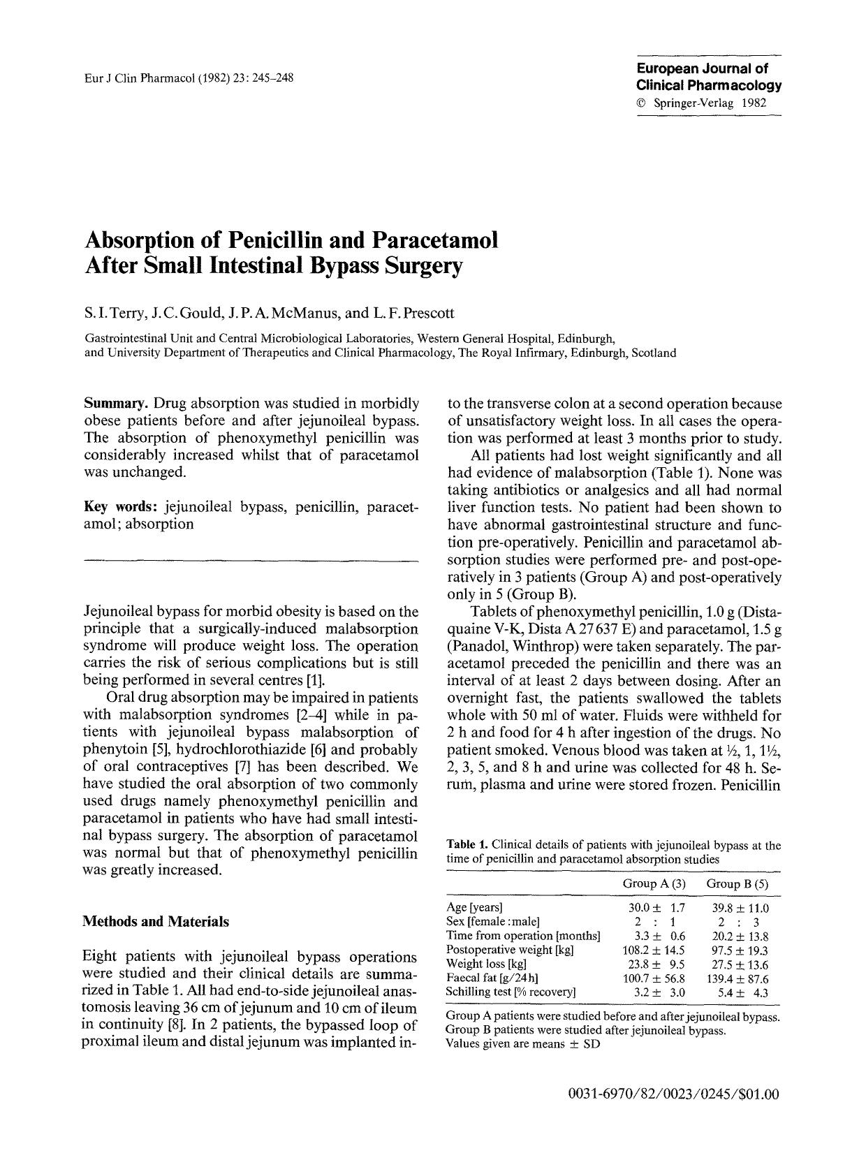 Absorption of penicillin and paracetamol after small intestinal bypass surgery by Unknown