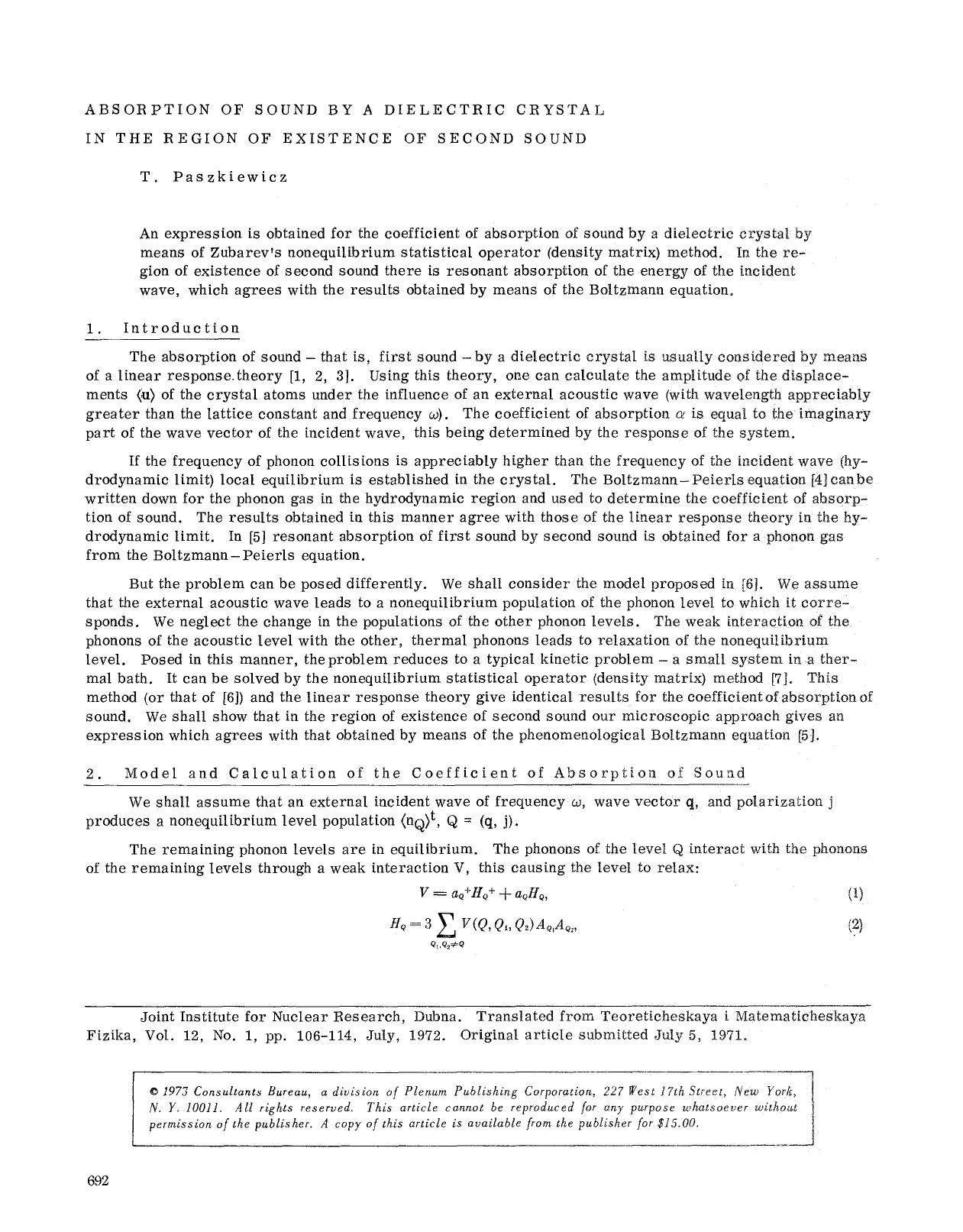 Absorption of sound by a dielectric crystal in the region of existence of second sound by Unknown