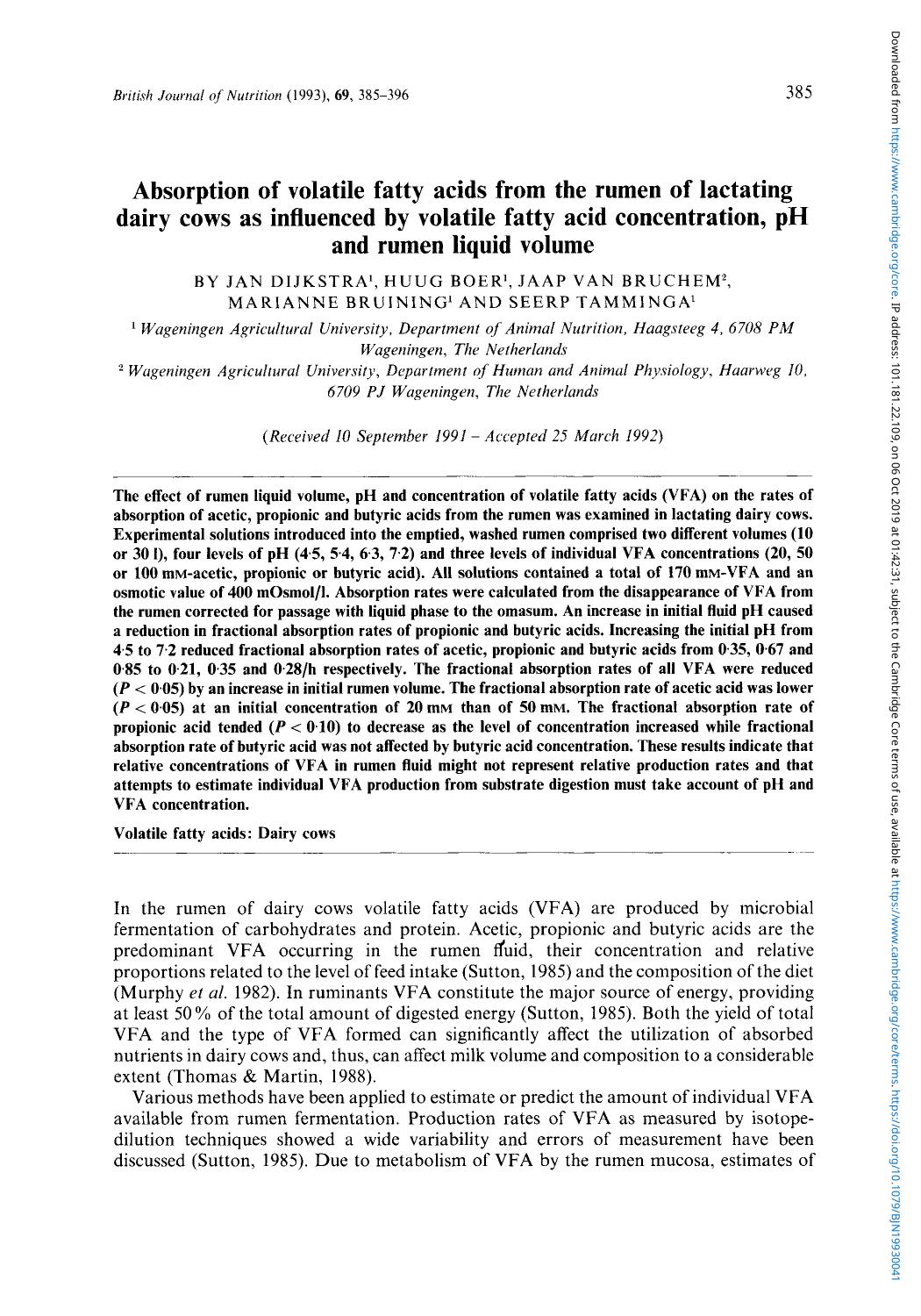 Absorption of volatile fatty acids from the rumen of lactating dairy cows as influenced by volatile fatty acid concentration, pH and rumen liquid volume by Jan Dijkstra Huug Boer Jaap Van Bruchem Marianne Bruining & Seerp Tamminga