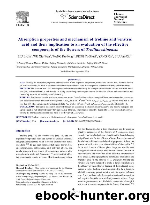 Absorption properties and mechanism of trolline and veratric acid and their implication to an evaluation of the effective components of the flowers of Trollius chinensis by Li-Jia LIU & Xiu-Wen WU & Ru-Feng WANG & Yu-Shuai PENG & Xin YANG & Jun-Xiu LIU