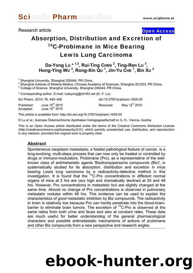 Absorption, Distribution and Excretion of 14C-Probimane in Mice Bearing Lewis Lung Carcinoma by Da-Yong LU & Rui-Ting CHEN & Ting-Ren LU & Hong-Ying WU & Rong-Xin QU & Jin-Yu CHE & Bin XU