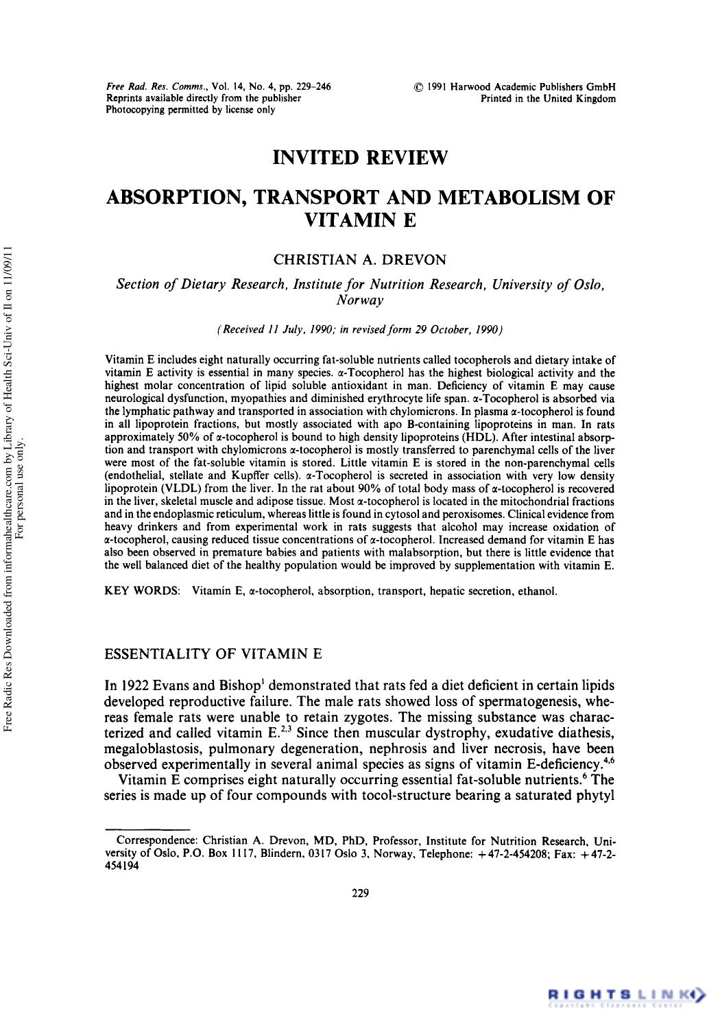 Absorption, Transport and Metabolism of Vitamin E by Christian A. Drevon†