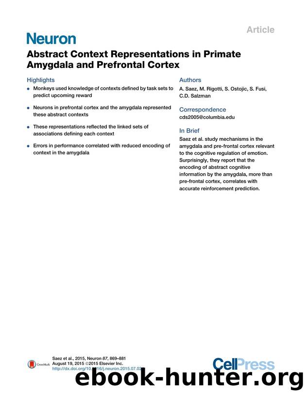 Abstract Context Representations in Primate Amygdala and Prefrontal Cortex by A. Saez & M. Rigotti & S. Ostojic & S. Fusi & C.D. Salzman