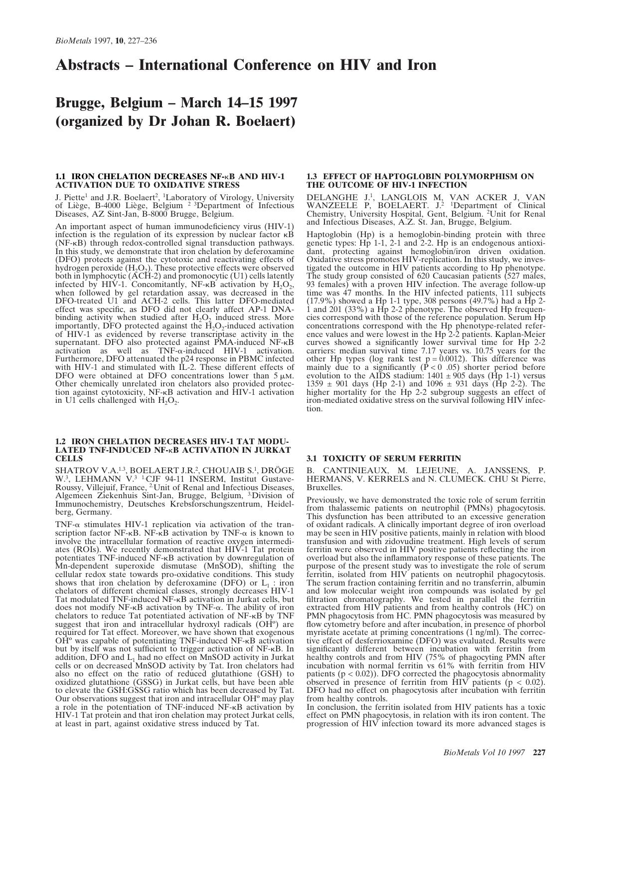 Abstracts - International Conference on HIV and Iron by Unknown