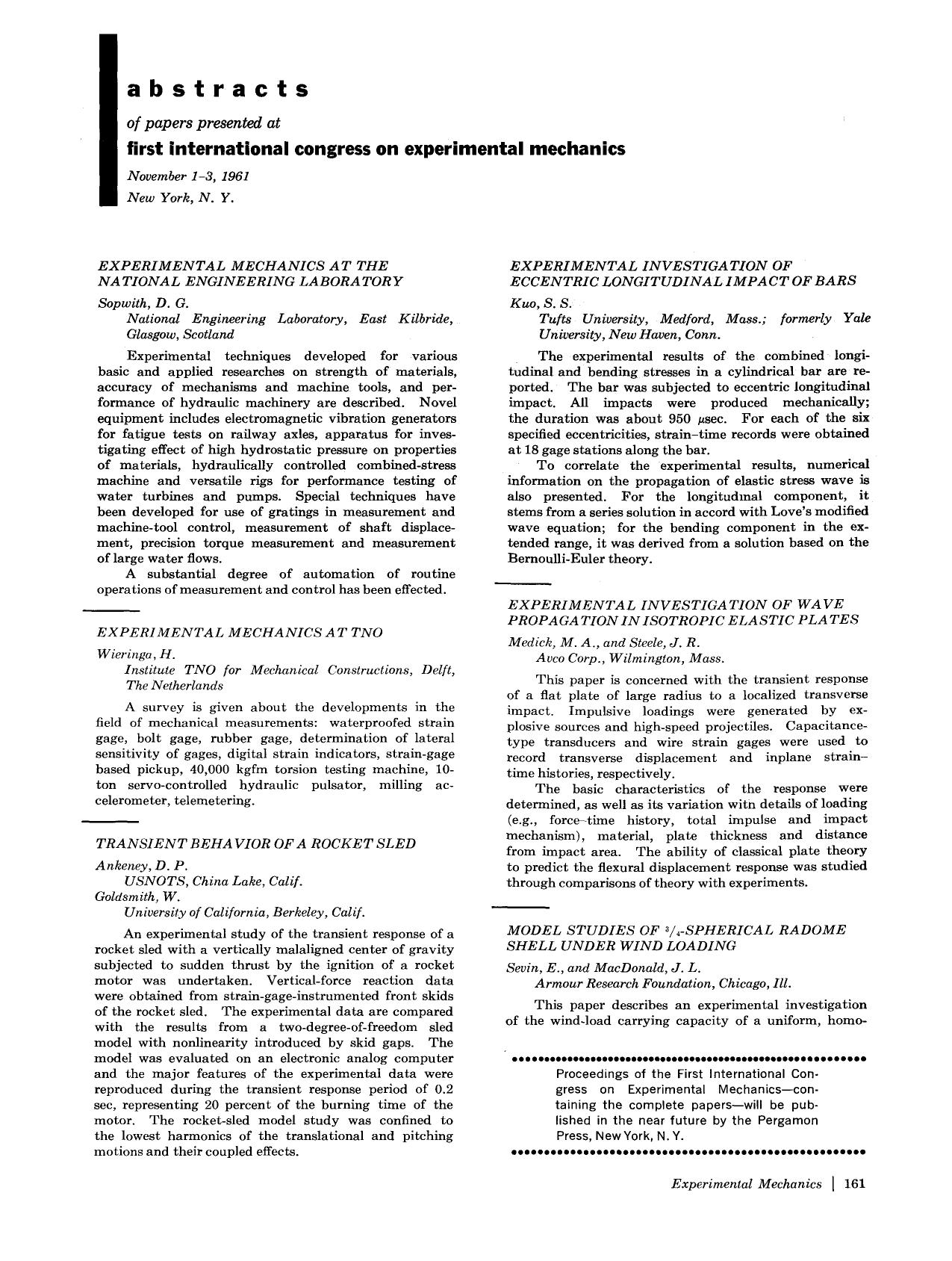 Abstracts of papers presented at first international congress on experimental mechanics by Unknown