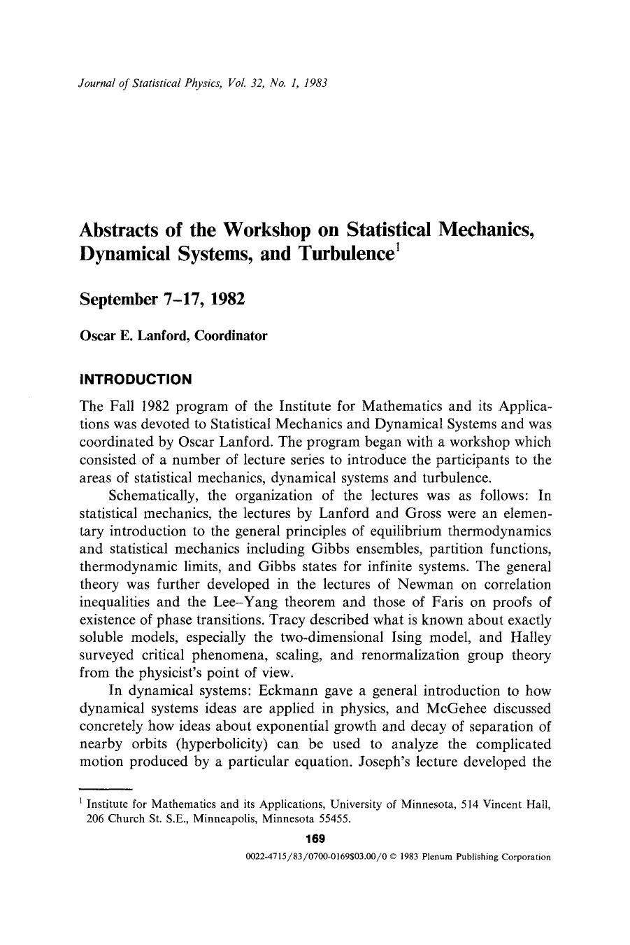 Abstracts of the workshop on statistical mechanics, dynamical systems, and turbulence by Unknown