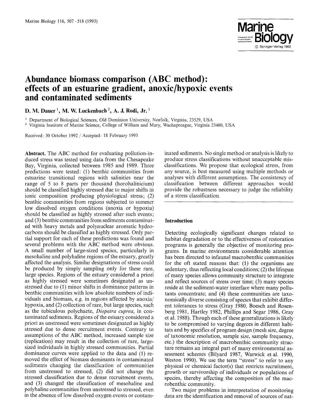Abundance biomass comparison (ABC method): effects of an estuarine gradient, anoxichypoxic events and contaminated sediments by Unknown