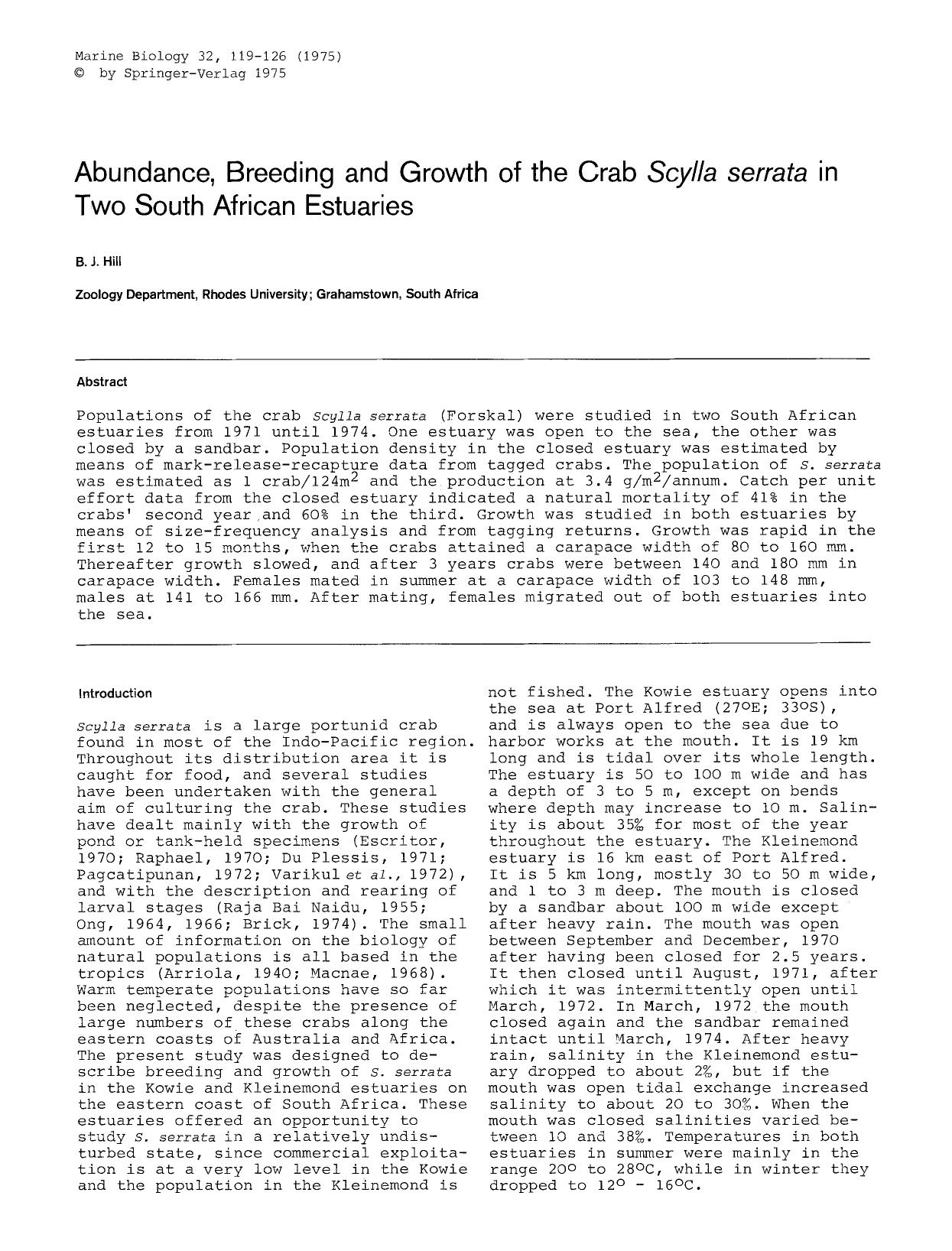 Abundance, breeding and growth of the crab <Emphasis Type="Italic">Scylla serrata<Emphasis> in two South African estuaries by Unknown