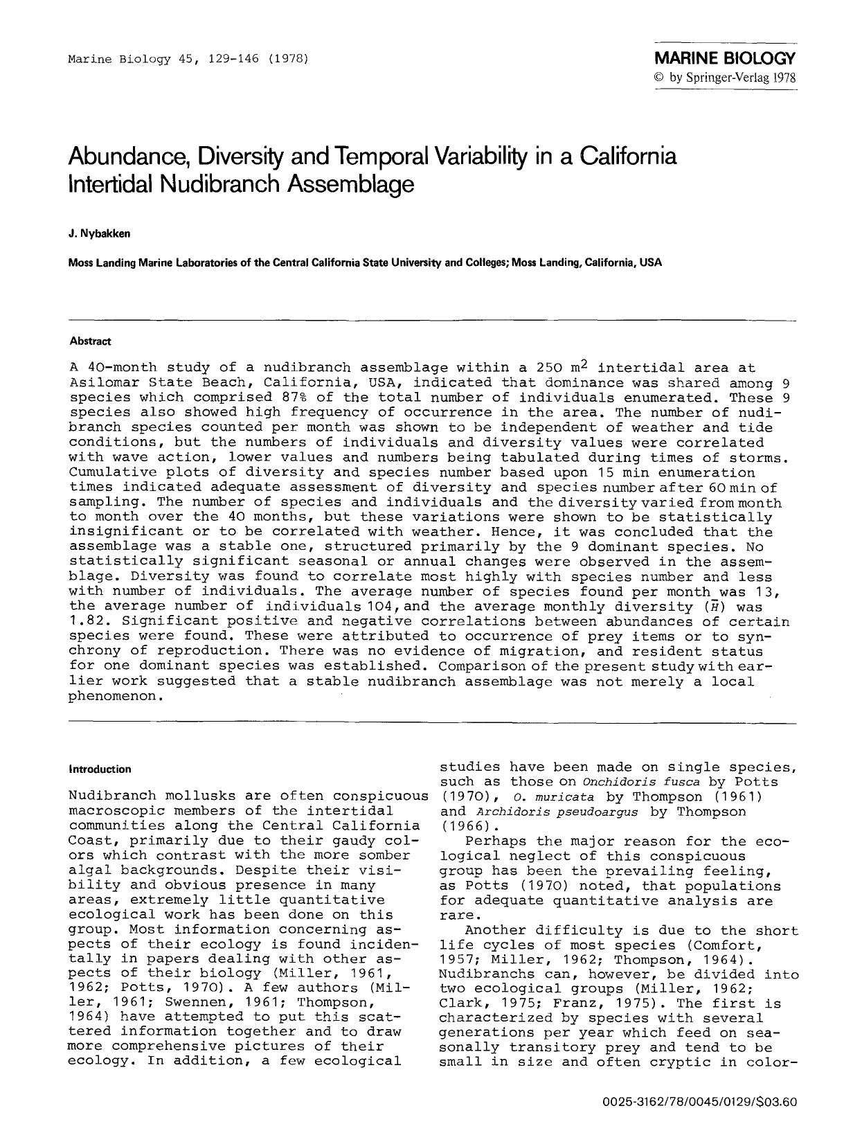 Abundance, diversity and temporal variability in a California intertidal nudibranch assemblage by Unknown
