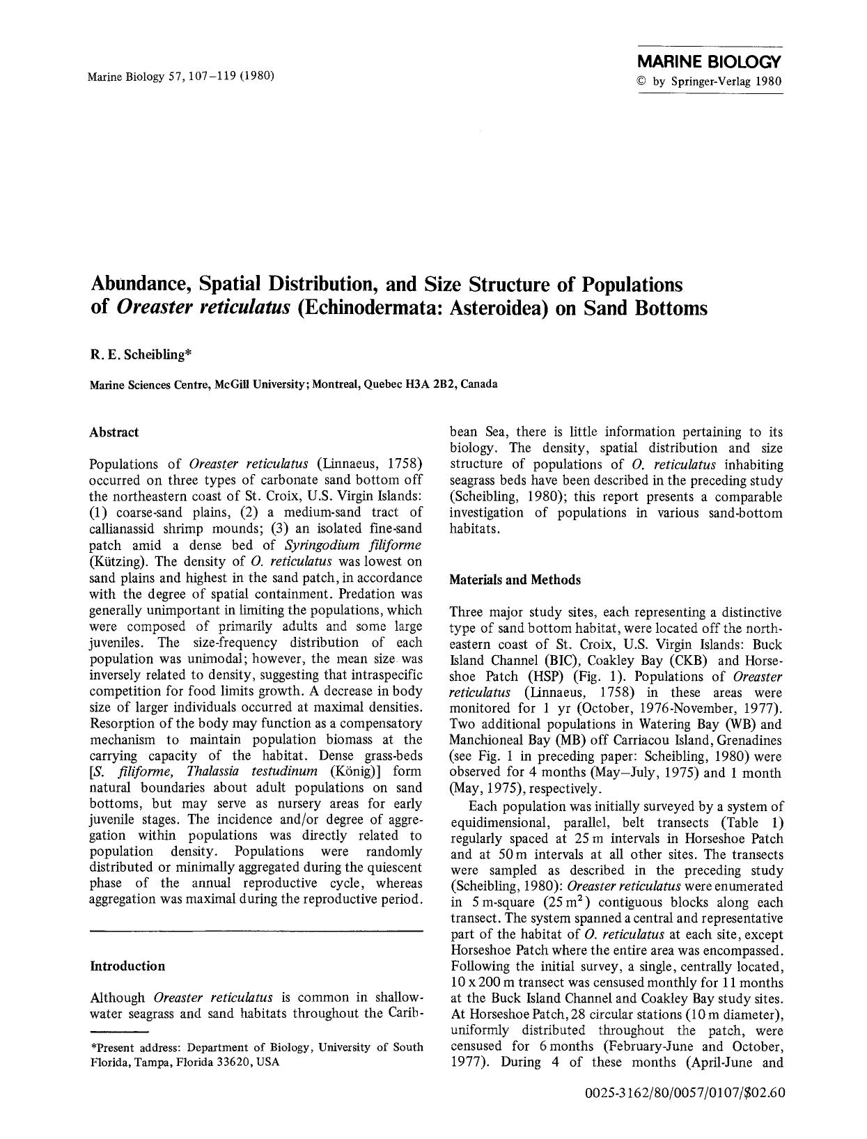 Abundance, spatial distribution, and size structure of populations of <Emphasis Type="Italic">Oreaster reticulatus<Emphasis> (Echinodermata: Asteroidea) on sand bottoms by Unknown