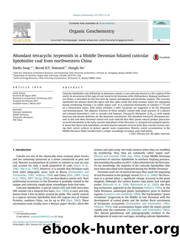 Abundant tetracyclic terpenoids in a Middle Devonian foliated cuticular liptobiolite coal from northwestern China by Daofu Song & Bernd R.T. Simoneit & Dengfa He