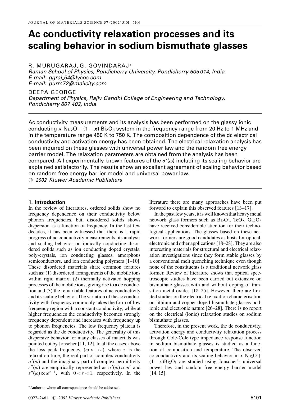 Ac conductivity relaxation processes and its scaling behavior in sodium bismuthate glasses by Unknown