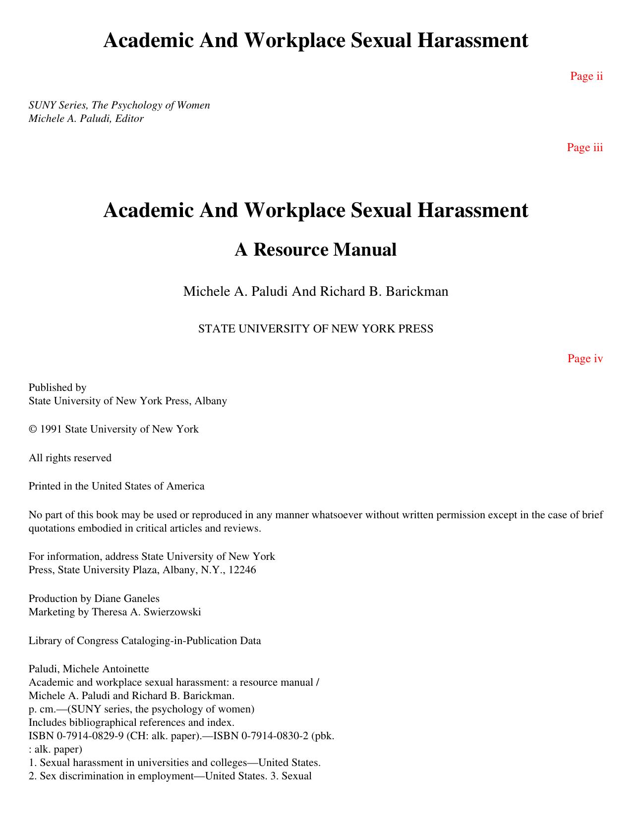 Academic and Workplace Sexual Harassment : A Resource Manual by Michele A. Paludi; Richard B. Barickman