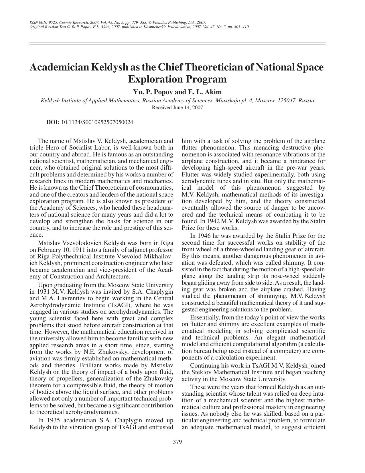 Academician Keldysh as the Chief Theoretician of national space exploration program by Unknown