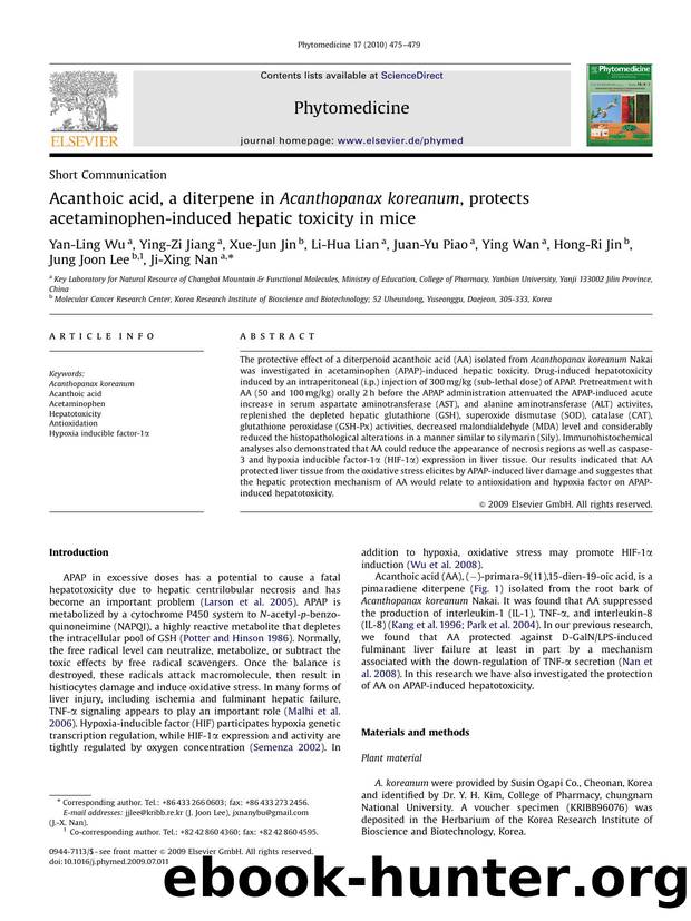 Acanthoic acid, a diterpene in Acanthopanax koreanum, protects acetaminophen-induced hepatic toxicity in mice by unknow
