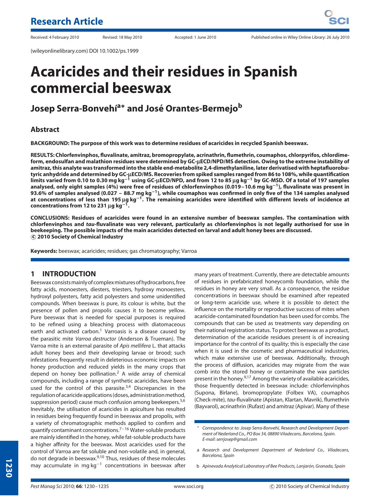 Acaricides and their residues in Spanish commercial beeswax by Unknown
