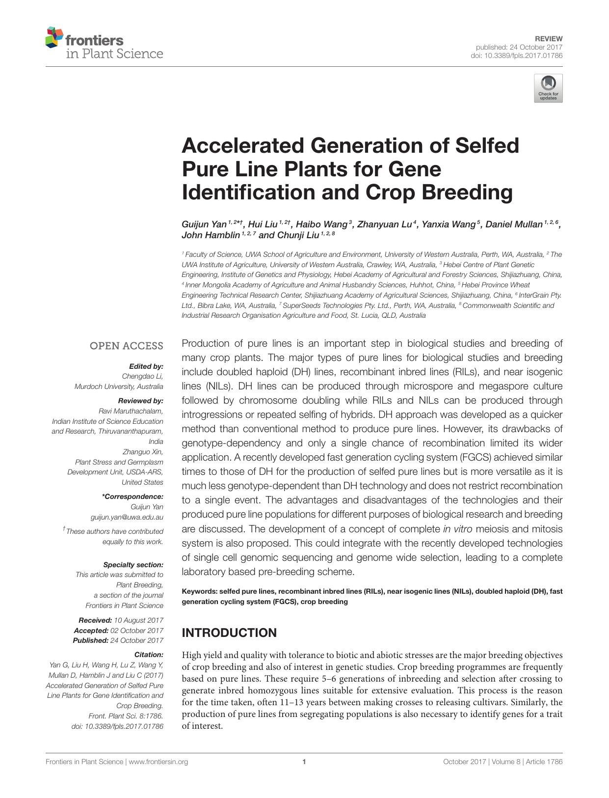 Accelerated Generation of Selfed Pure Line Plants for Gene Identification and Crop Breeding by Guijun Yan
