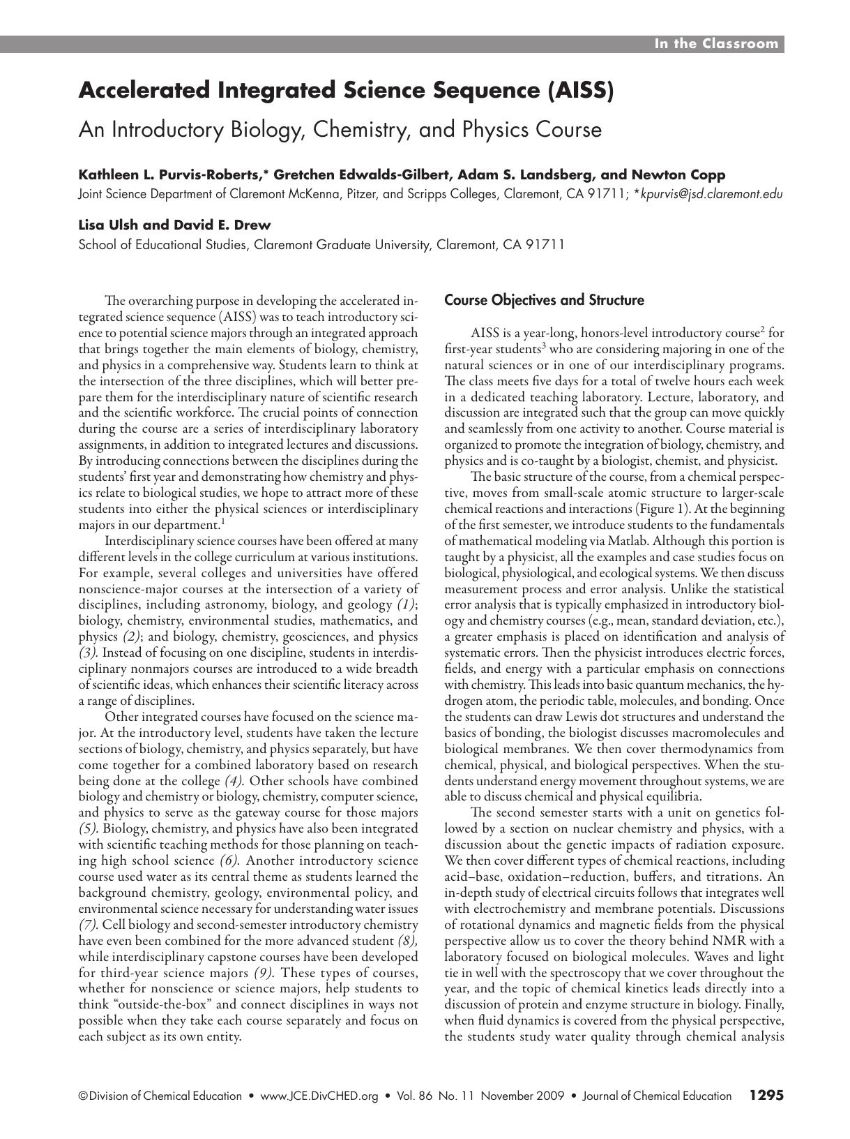Accelerated Integrated Science Sequence (AISS). An Introductory Biology, Chemistry, and Physics Course by unknow