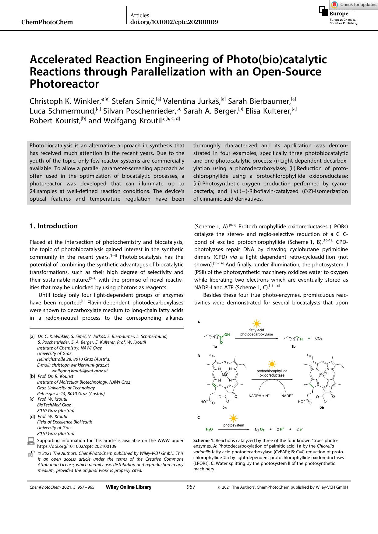 Accelerated Reaction Engineering of Photo(bio)catalytic Reactions through Parallelization with an OpenâSource Photoreactor by Unknown