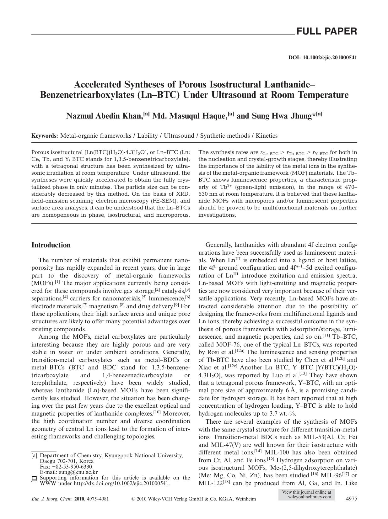 Accelerated Syntheses of Porous Isostructural LanthanideBenzenetricarboxylates (LnBTC) Under Ultrasound at Room Temperature by Unknown