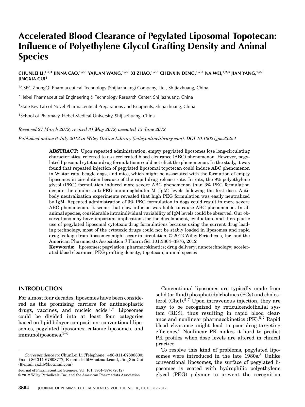 Accelerated blood clearance of pegylated liposomal topotecan: Influence of polyethylene glycol grafting density and animal species by Unknown