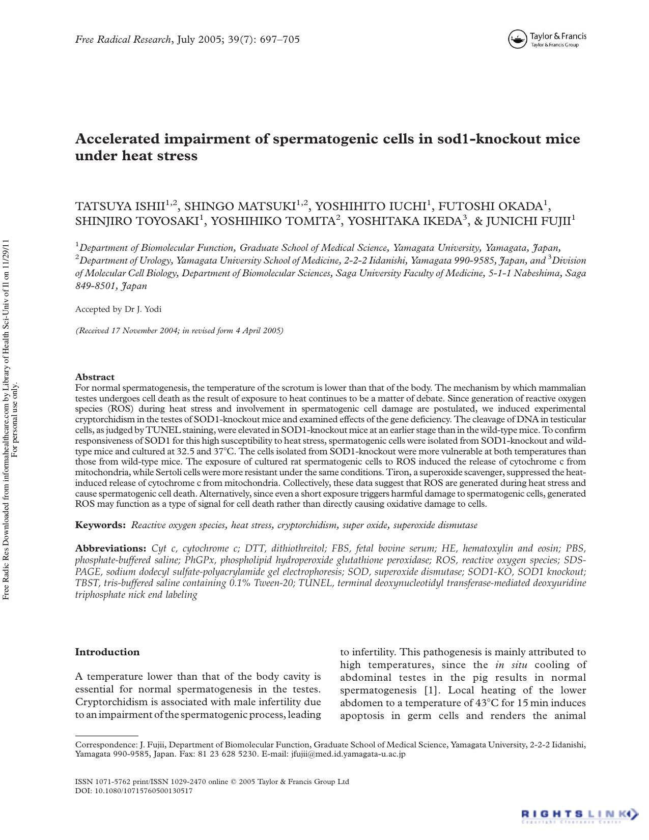 Accelerated impairment of spermatogenic cells in sod1-knockout mice under heat stress by unknow