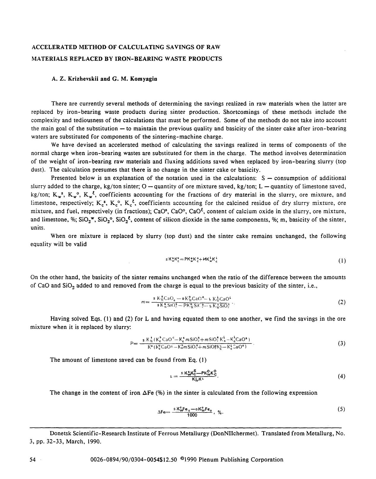 Accelerated method of calculating savings of raw materials replaced by iron-bearing waste products by Unknown