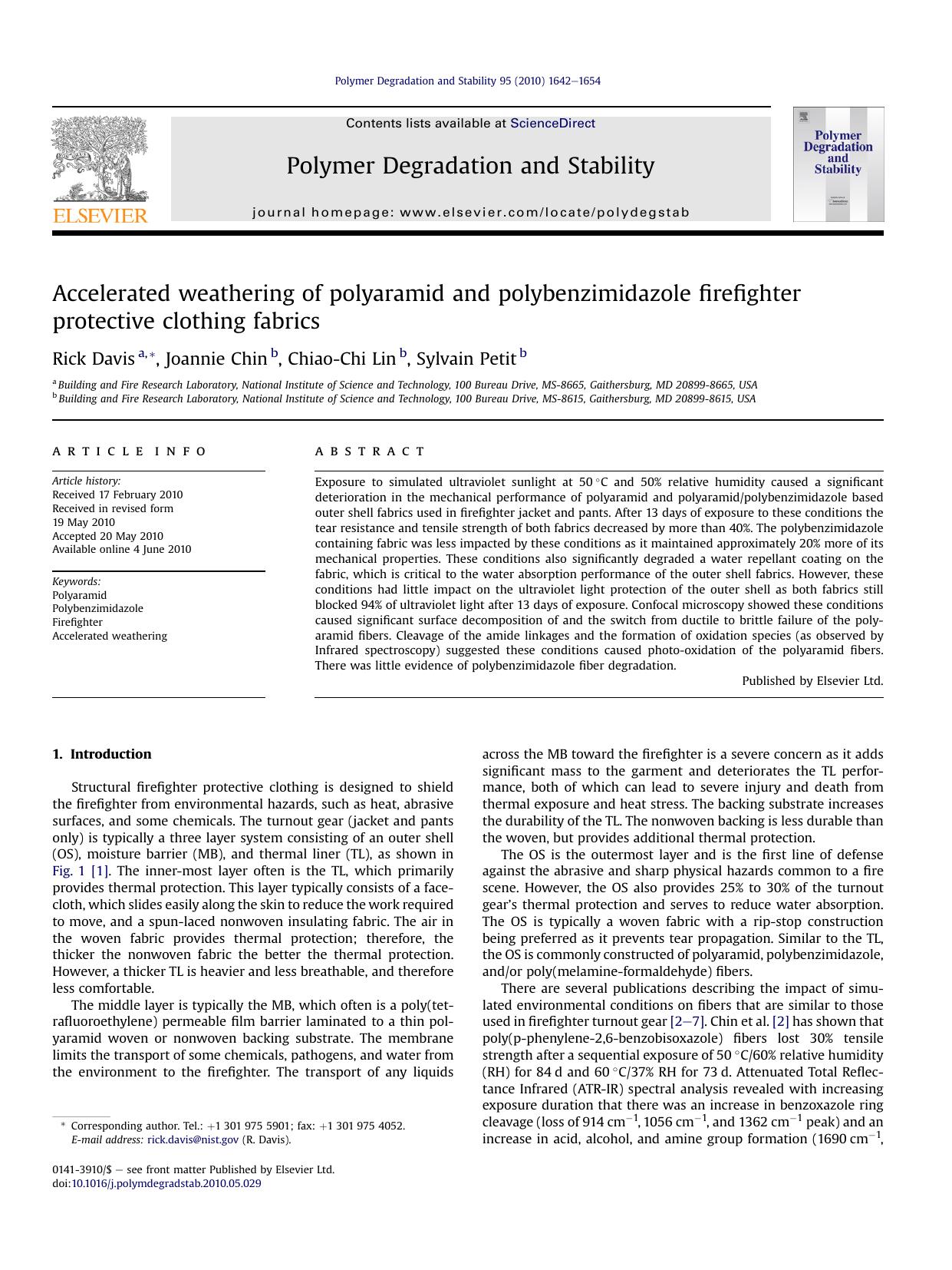 Accelerated weathering of polyaramid and polybenzimidazole firefighter protective clothing fabrics by Rick Davis & Joannie Chin & Chiao-Chi Lin & Sylvain Petit