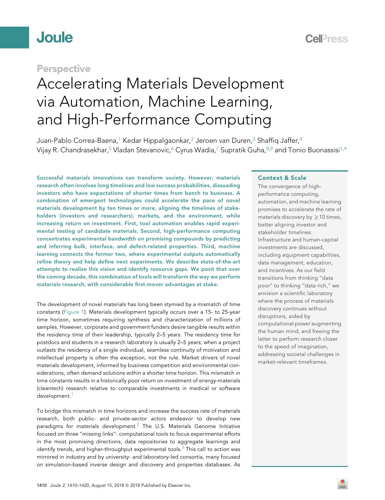 Accelerating Materials Development via Automation, Machine Learning, and High-Performance Computing by unknow