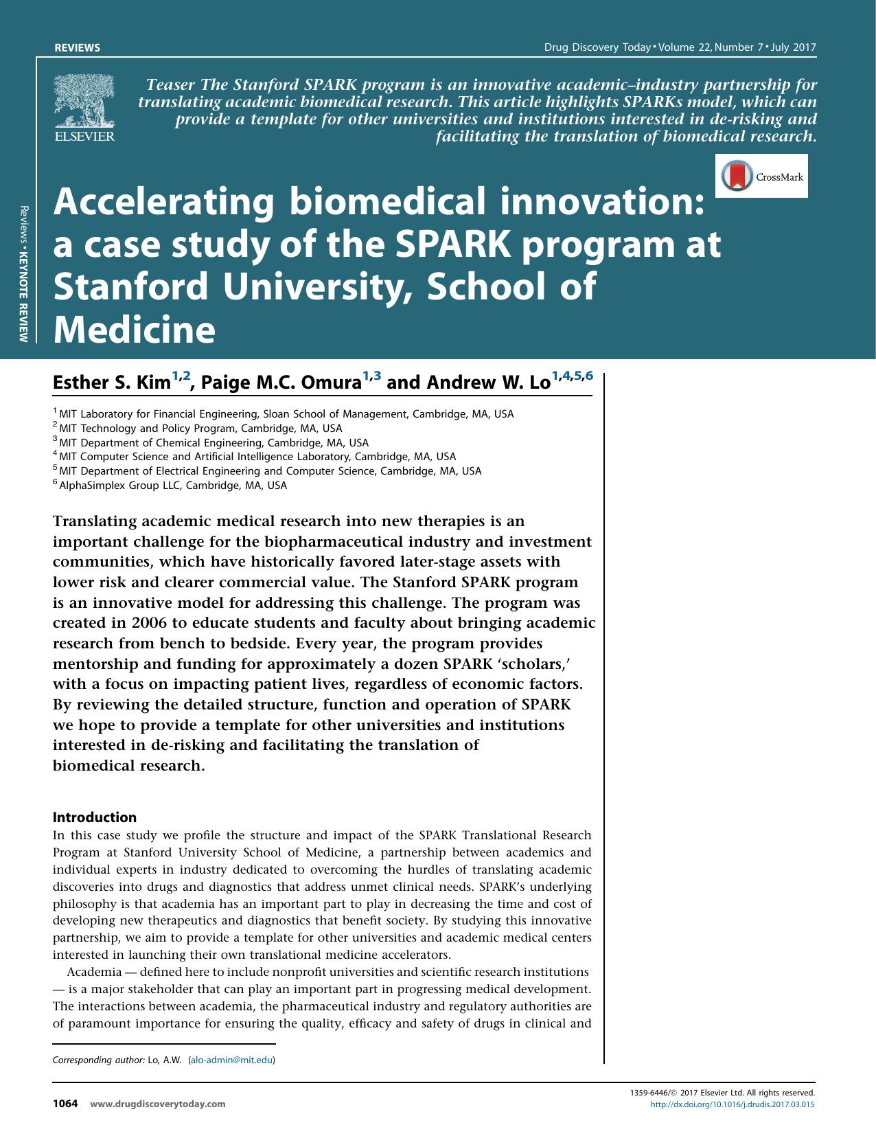 Accelerating biomedical innovation: a case study of the SPARK program at Stanford University, School of Medicine by Esther S. Kim & Paige M.C. Omura & Andrew W. Lo