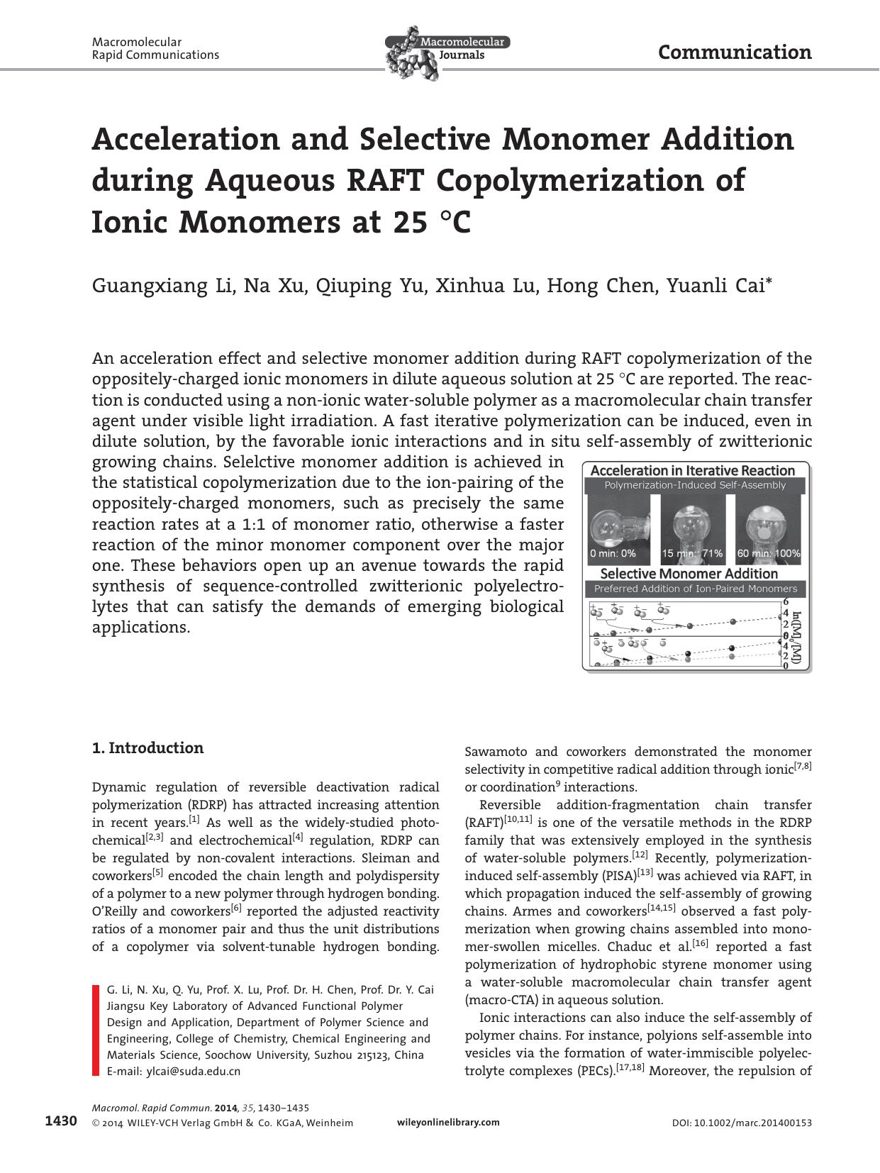 Acceleration and Selective Monomer Addition during Aqueous RAFT Copolymerization of Ionic Monomers at 25 C by processteam