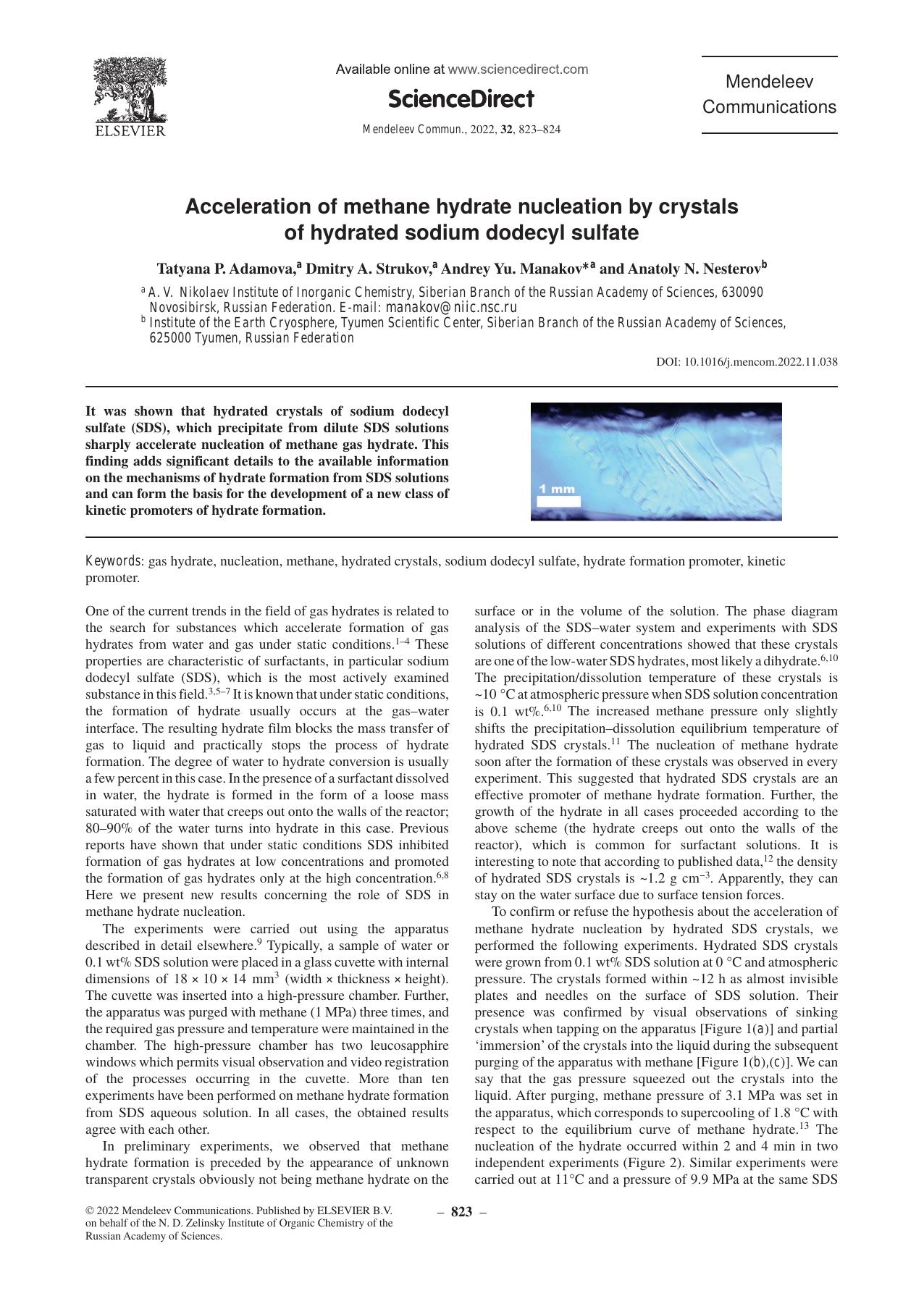Acceleration of methane hydrate nucleation by crystals of hydrated sodium dodecyl sulfate by Tatyana P. Adamova & Dmitry A. Strukov & Andrey Yu. Manakov & Anatoly N. Nesterov
