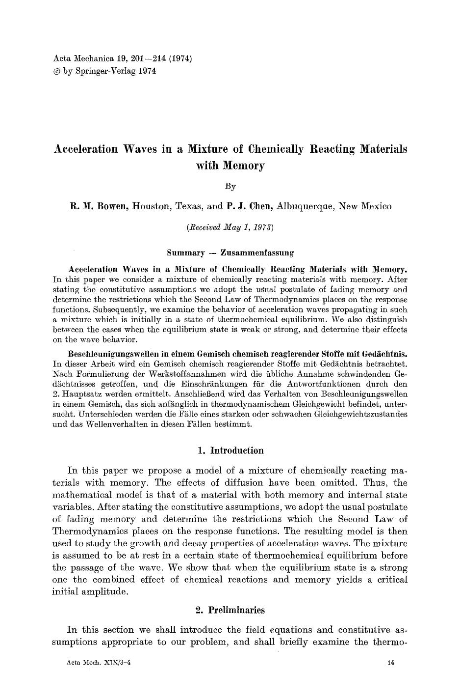 Acceleration waves in a mixture of chemically reacting materials with memory by Unknown