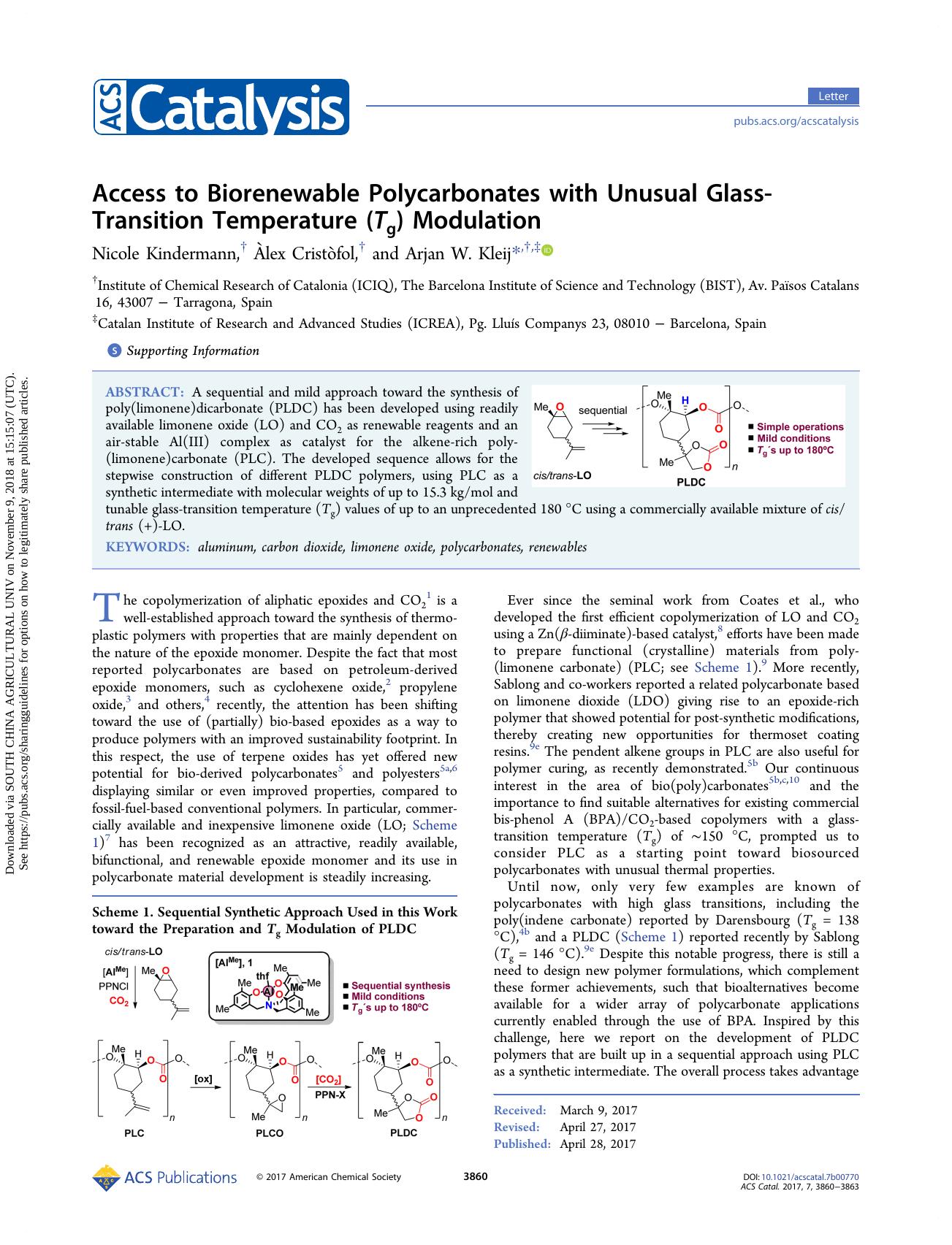 Access to Biorenewable Polycarbonates with Unusual Glass-Transition Temperature (Tg) Modulation by Nicole Kindermann Àlex Cristòfol & Arjan W. Kleij