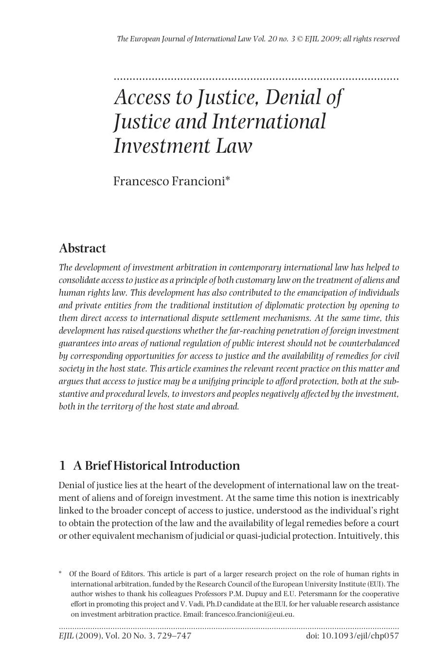 Access to Justice, Denial of Justice and International Investment Law by Francesco Francioni
