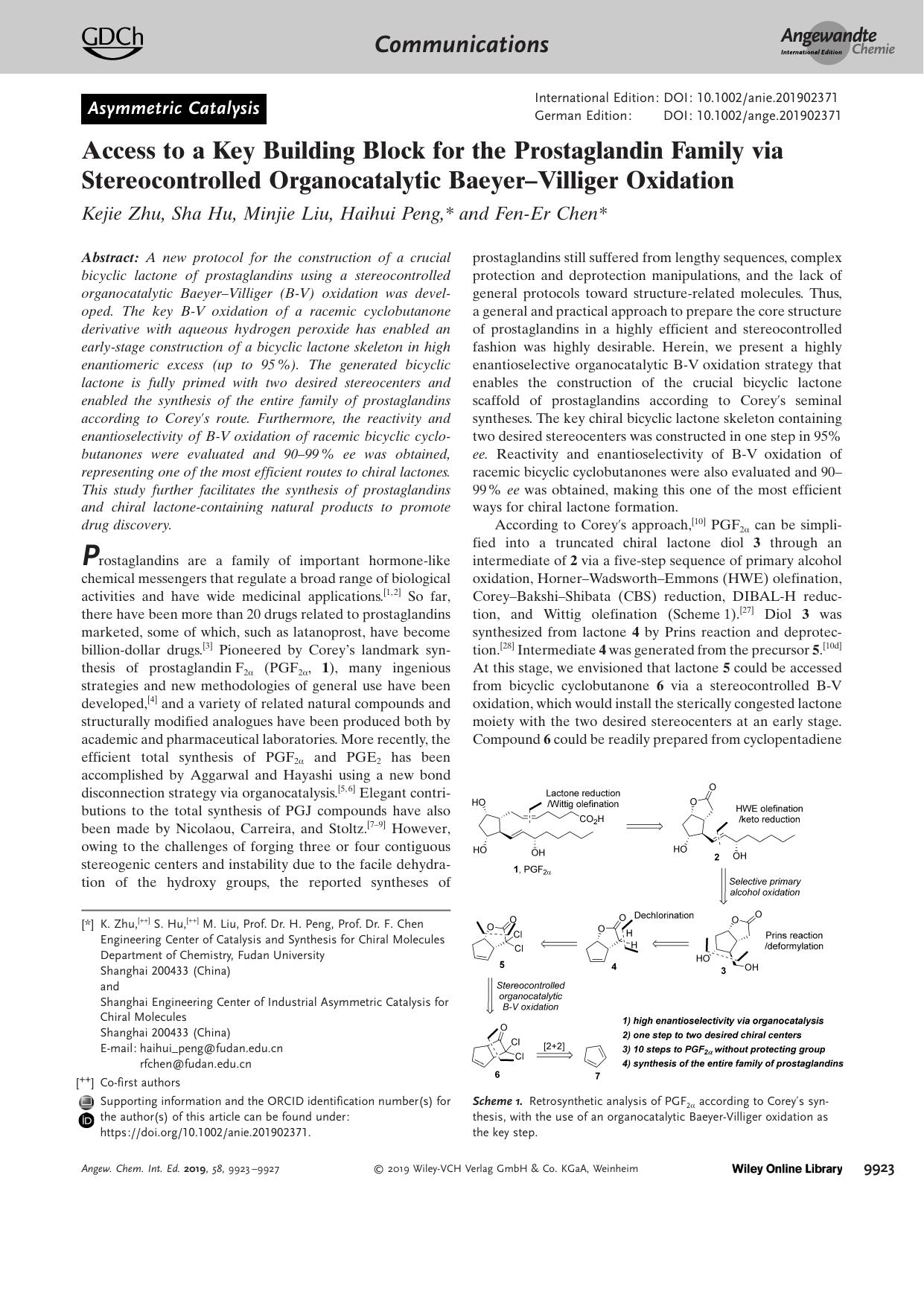 Access to a Key Building Block for the Prostaglandin Family via Stereocontrolled Organocatalytic BaeyerâVilliger Oxidation by Unknown