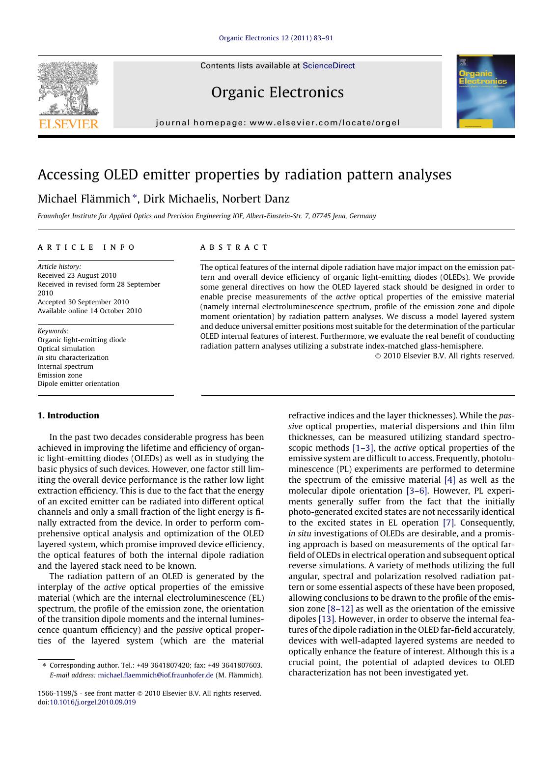 Accessing OLED emitter properties by radiation pattern analyses by Michael FlÃ¤mmich & Dirk Michaelis & Norbert Danz