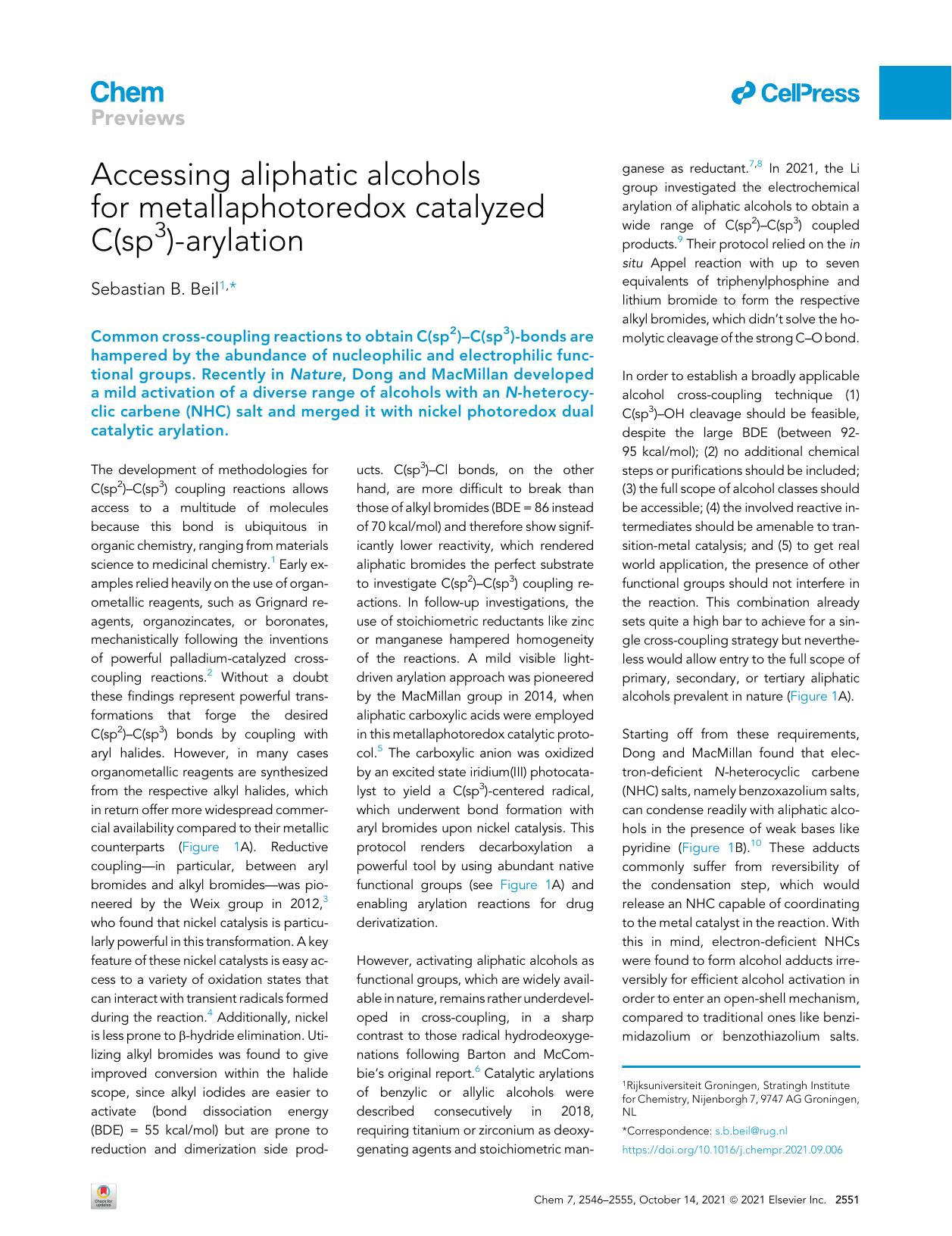 Accessing aliphatic alcohols for metallaphotoredox catalyzed C(sp3)-arylation by Sebastian B. Beil