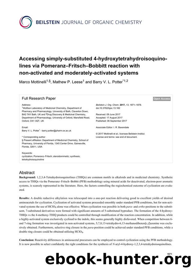 Accessing simply-substituted 4-hydroxytetrahydroisoquinolines via PomeranzâFritschâBobbitt reaction with non-activated and moderately-activated systems by Marco Mottinelli Mathew P. Leese Barry V. L. Potter