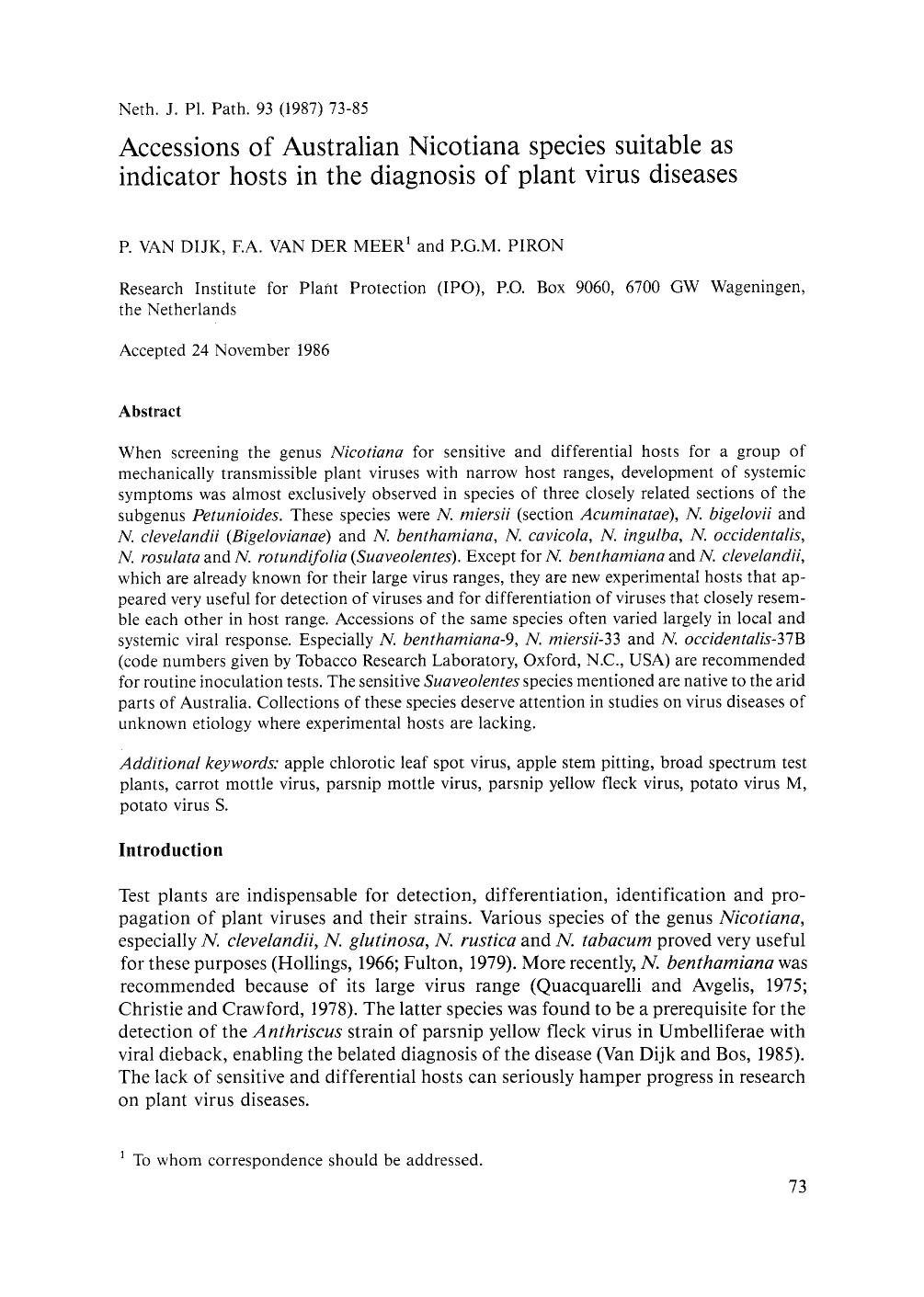 Accessions of Australian Nicotiana species suitable as indicator hosts in the diagnosis of plant virus diseases by Unknown