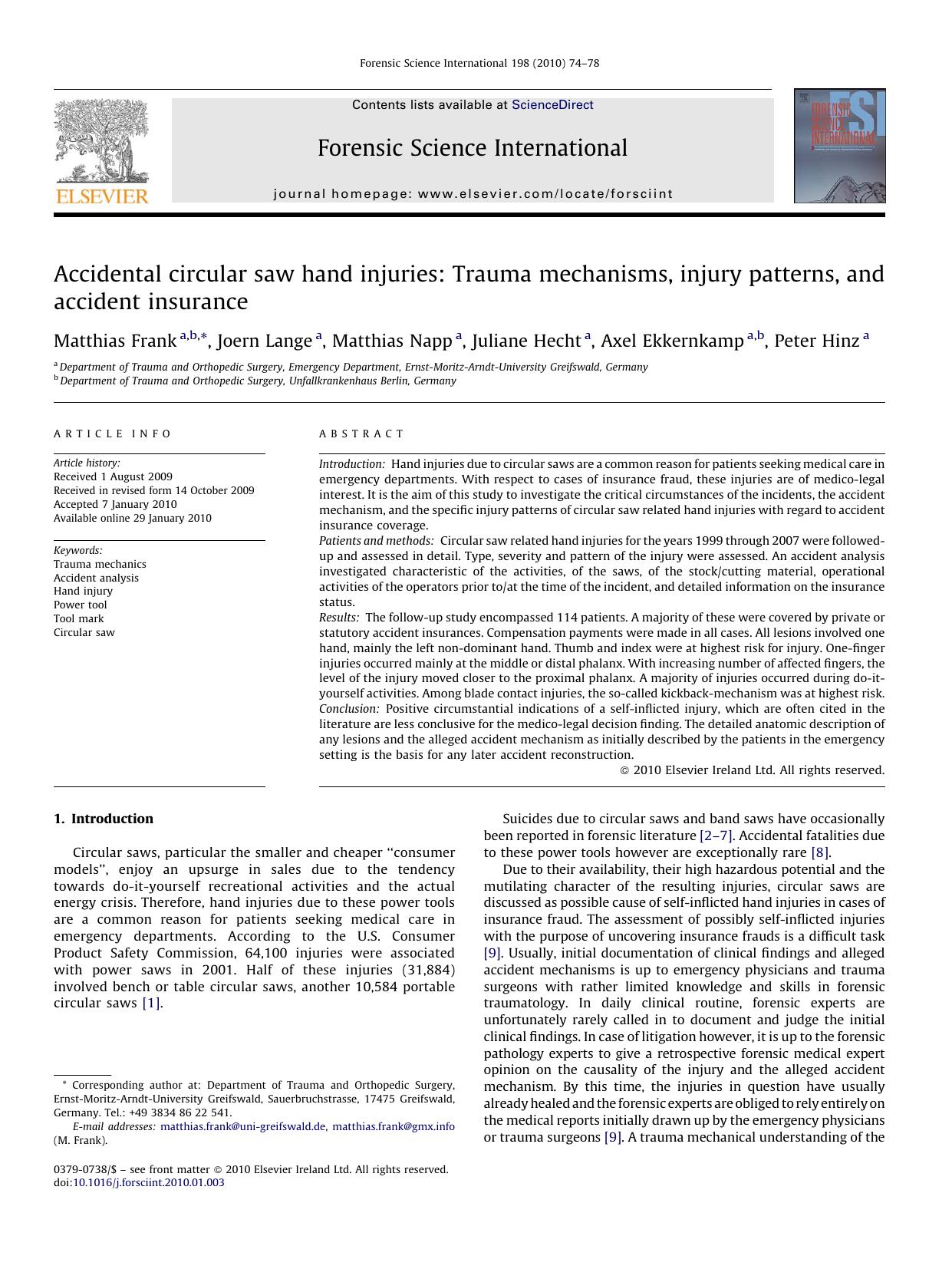 Accidental circular saw hand injuries: Trauma mechanisms, injury patterns, and accident insurance by Matthias Frank; Joern Lange; Matthias Napp; Juliane Hecht; Axel Ekkernkamp; Peter Hinz