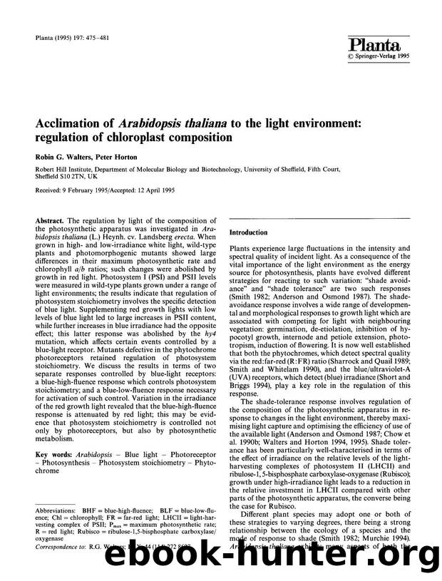 Acclimation of  <Emphasis Type="Italic">Arabidopsis thaliana <Emphasis> to the light environment: regulation of chloroplast composition by Unknown